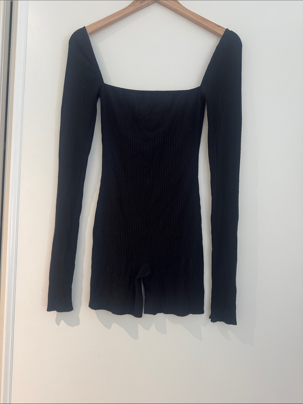 Slim Fit Black Ribbed Square Neck Long Sleeve Top